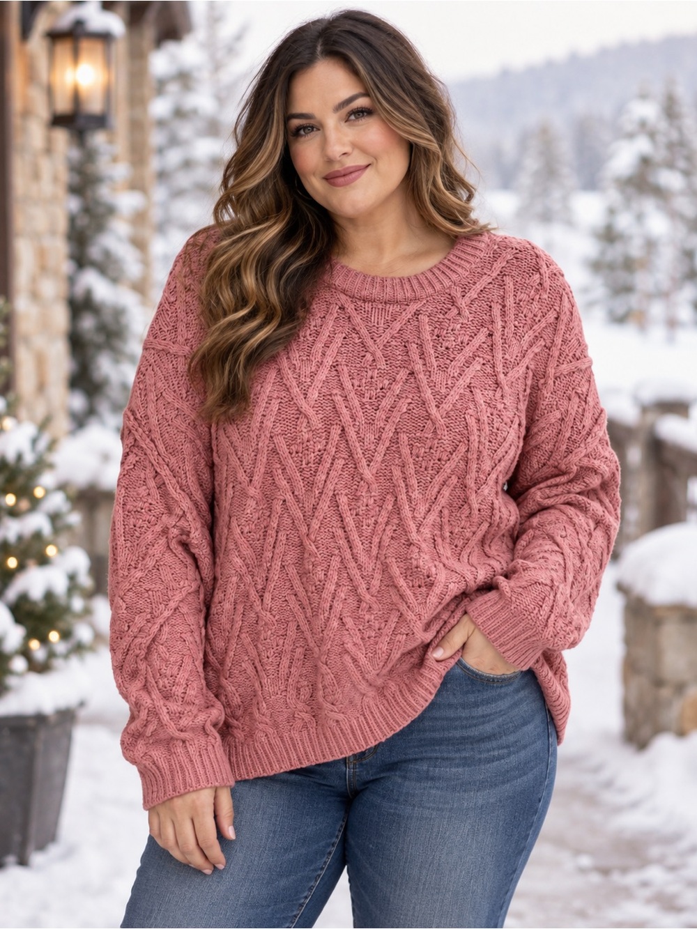Free People Dusty Rose Cable Knit Crewneck Sweater